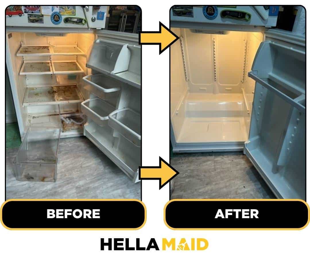 Before and after of a fridge cleaned by Hellamaid, a dependable cleaning service in Richmond Hill.
