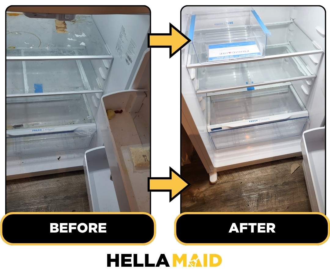 Before and after of a fridge cleaned by Hellamaid, a reputable cleaning service in Scarborough.