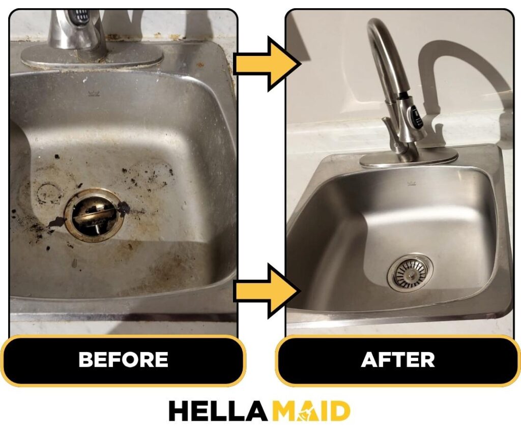 Before and after of a sink cleaned by Hellamaid, a trusted cleaning service in Scarborough.
