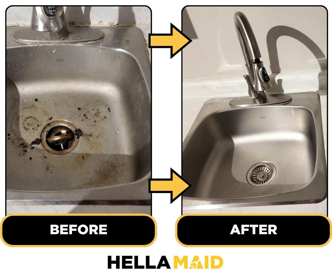 Before and after of a sink cleaned by Hellamaid, a trusted cleaning service in Scarborough.