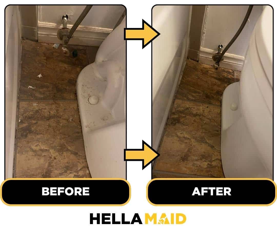 Before and after of a toilet's corner cleaned by Hellamaid, a trustworthy cleaning service in Vancouver.