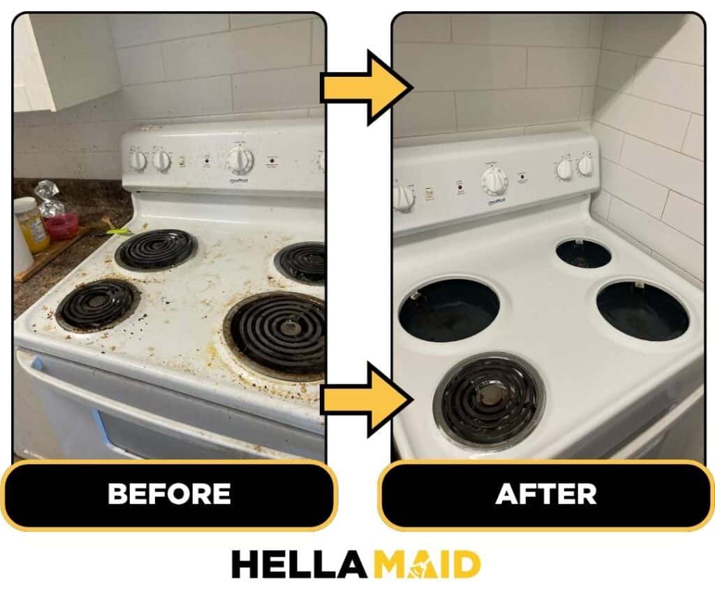 Before and after of a stovetop cleaned by Hellamaid, a reputable cleaning service in Vancouver.