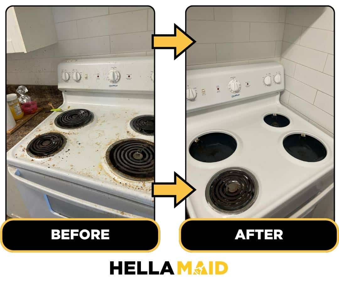 Before and after of a stovetop cleaned by Hellamaid, a reputable cleaning service in Vancouver.