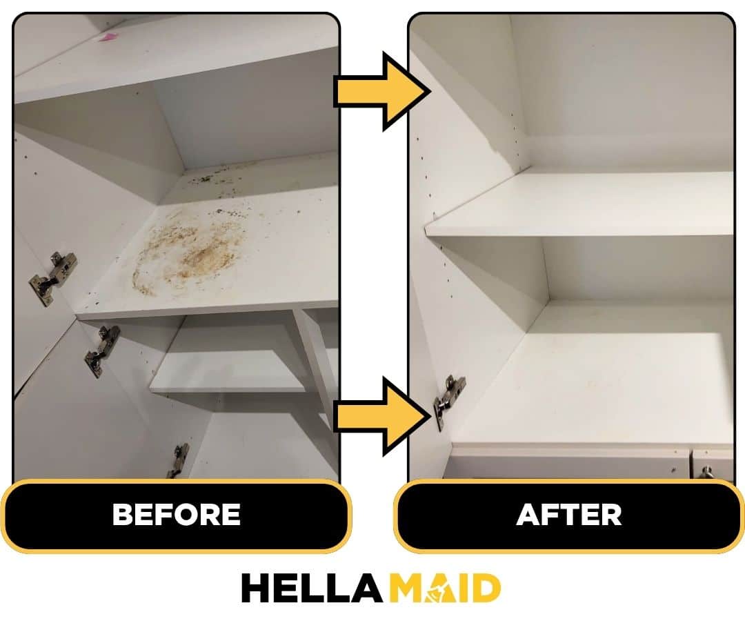 Before and after of a white cabinet cleaned by Hellamaid, a reliable cleaning service in Vaughan.
