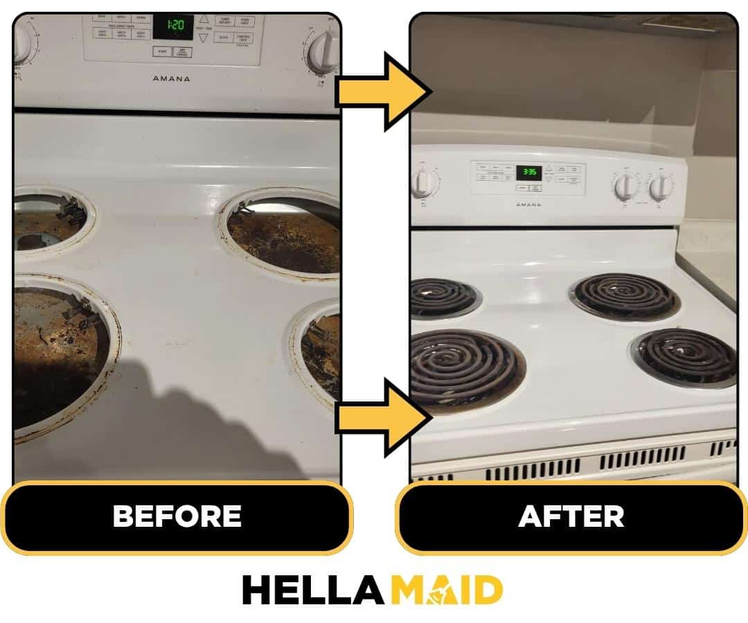 Before and after of a stovetop cleaned by Hellamaid, a dependable cleaning service in Vaughan.