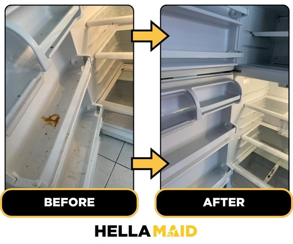 Before and after of a fridge cleaned by Hellamaid, a reputable cleaning service in Woodstock.