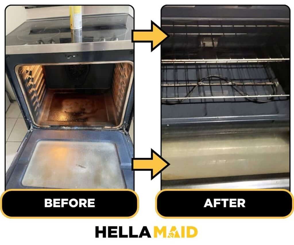 Before and after of a stove cleaned by Hellamaid, a reputable cleaning service in Woodstock.