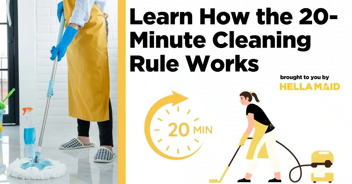 An image and illustration of a cleaner that's mopping and a clock, with a text about "what is the 20 minute rule in cleaning."