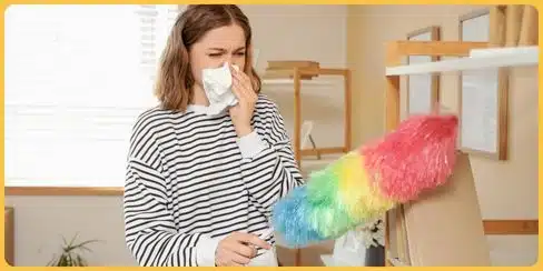 A lady dusting a shelve.