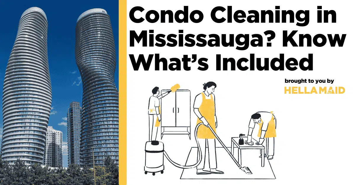 The "Marilyn Monroe Towers" with graphics of cleaners and text about what's included in condo cleaning in Mississauga.