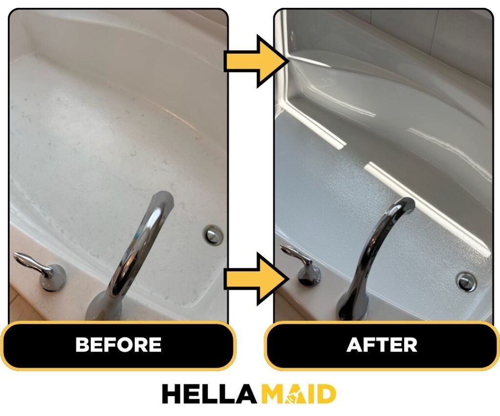 Before and after of a bathtub cleaned by Hellamaid, a reliable cleaning service in St. Albert.