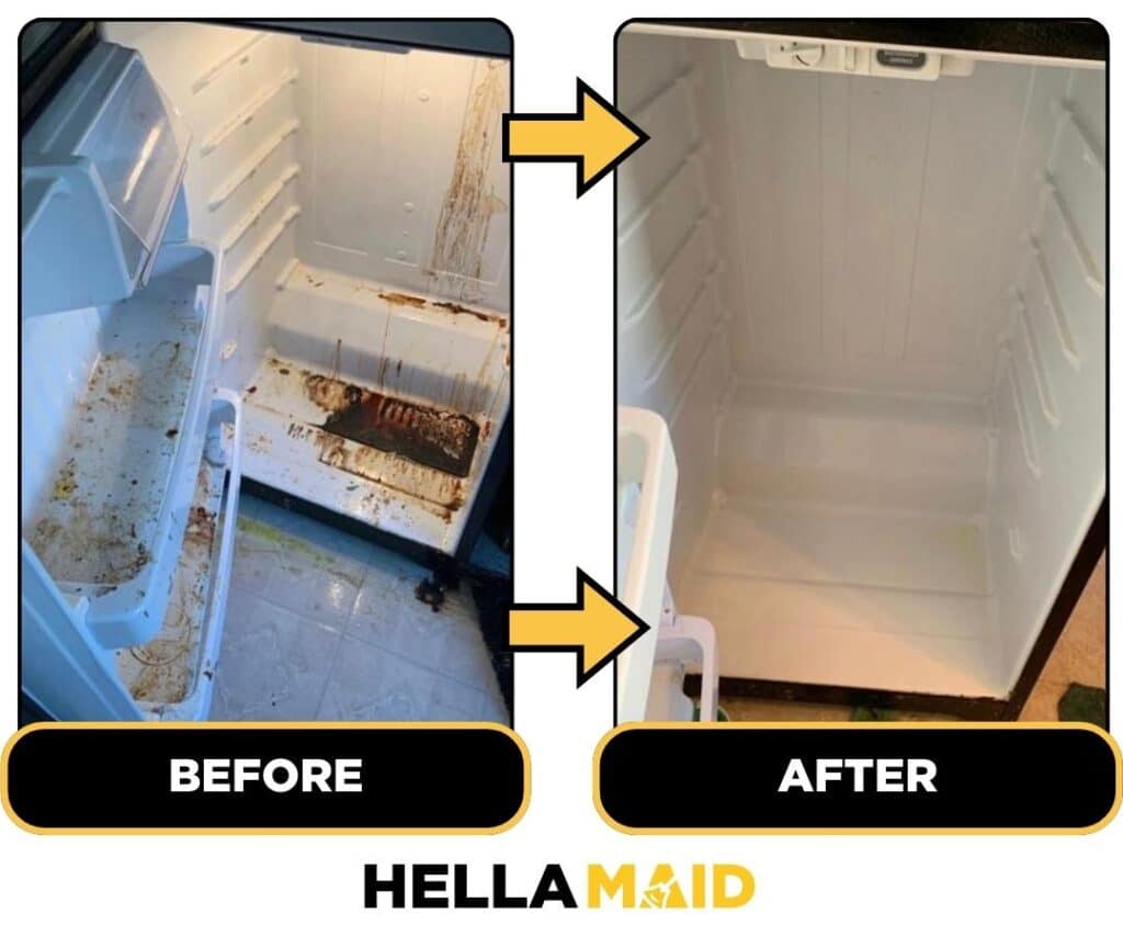 Before and after of a fridge cleaned by Hellamaid, the best cleaning service in St. Albert.