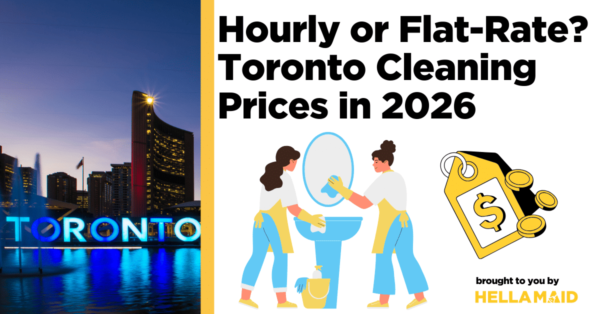 An image of Toronto night skyscraper and illustrations of cleaners and a price tag with Hellamaid's logo.