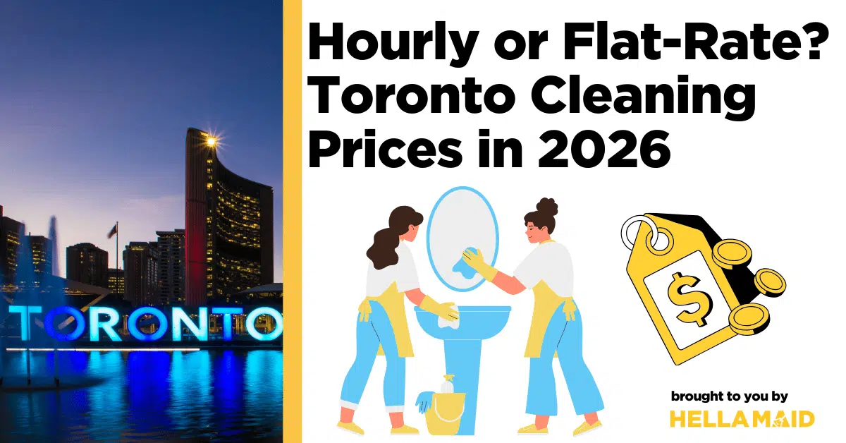 An image of Toronto night skyscraper and illustrations of cleaners and a price tag with Hellamaid's logo.