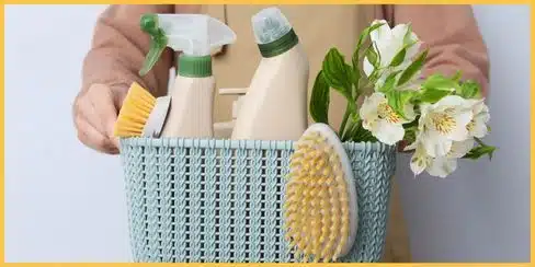 A person that's holding a tray of different cleaning products.