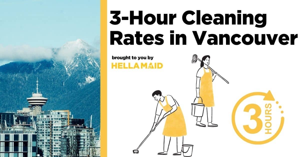 An image of Vancouver skyscraper, an illustration of cleaners and a 3 hours timer, and a text related to "how much to pay a cleaner for 3 hours in Vancouver."