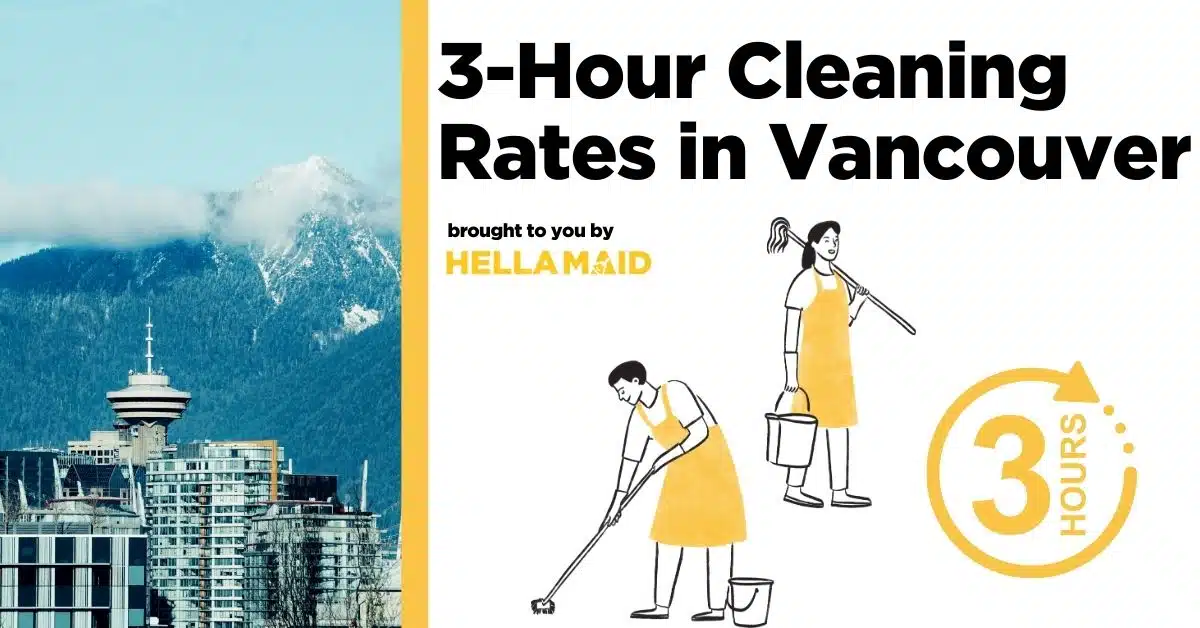 An image of Vancouver skyscraper, an illustration of cleaners and a 3 hours timer, and a text related to "how much to pay a cleaner for 3 hours in Vancouver."