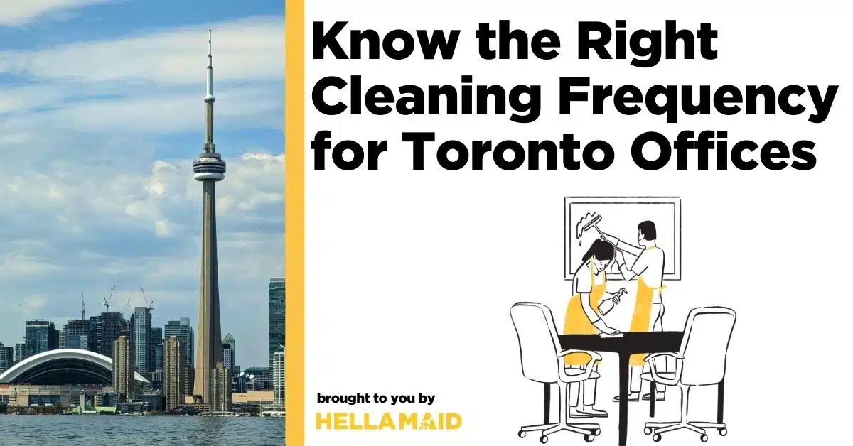 Toronto skyline with cleaners in an office, showing how often offices in Toronto need professional cleaning.