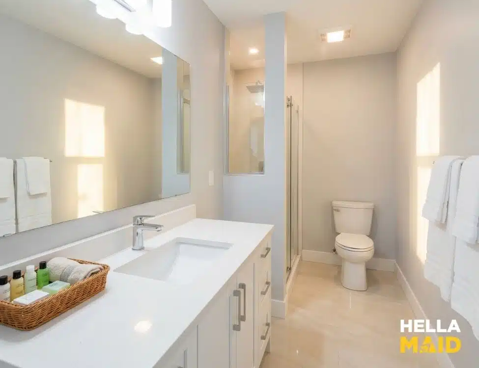 Guest-ready Airbnb bathroom with clean sink, mirror and shower after a Hellamaid turnover