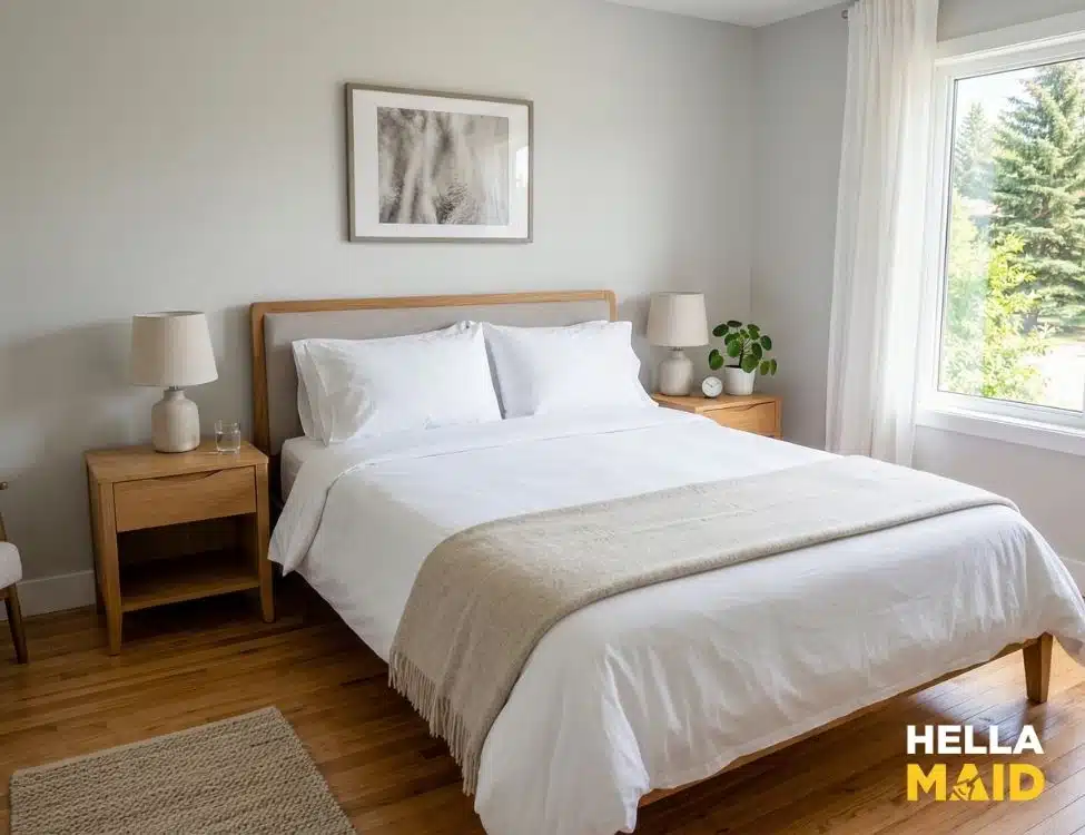 Airbnb bedroom with fresh white linens made up after a Hellamaid turnover clean
