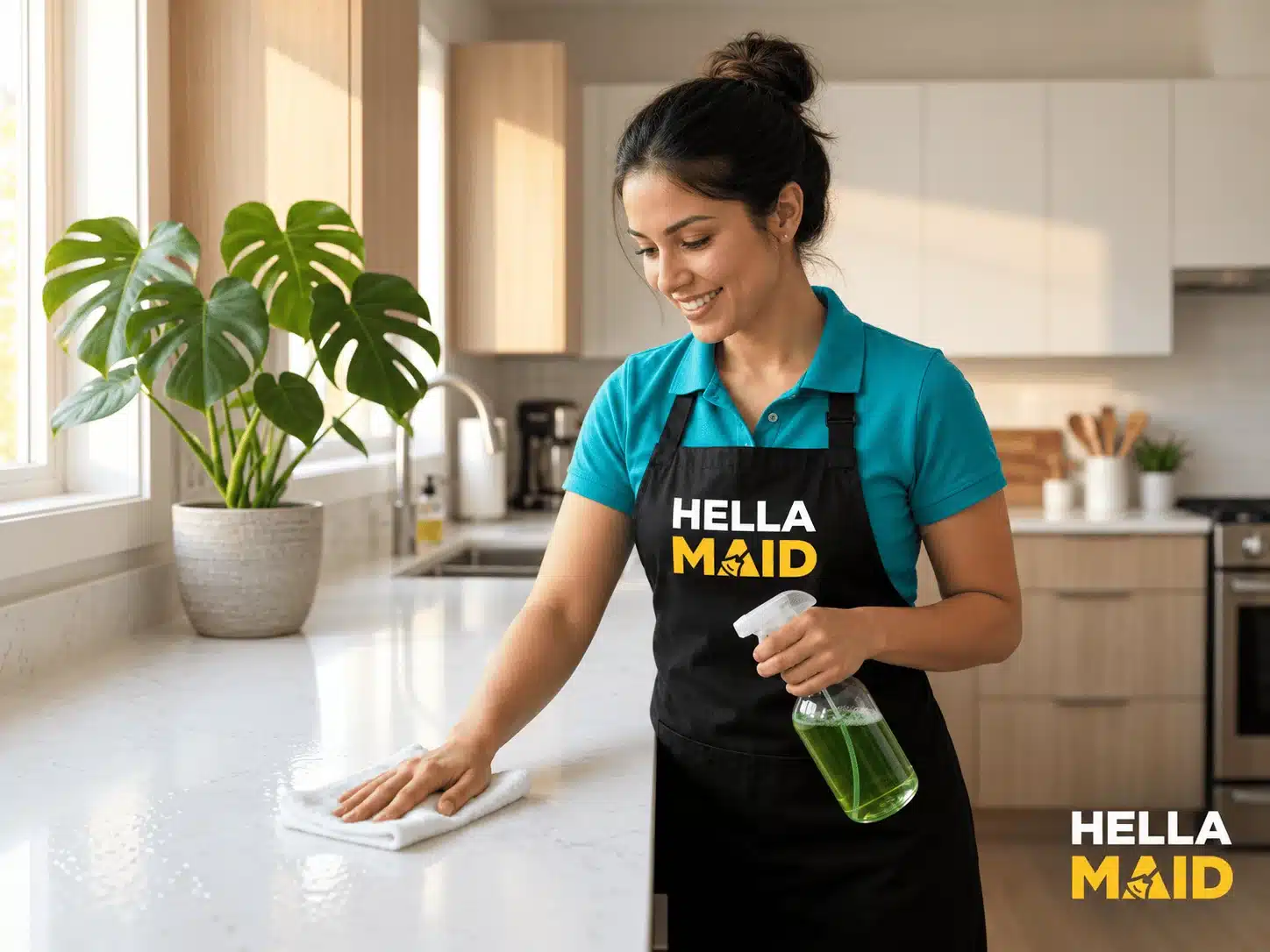 House cleaner wiping a bright kitchen counter