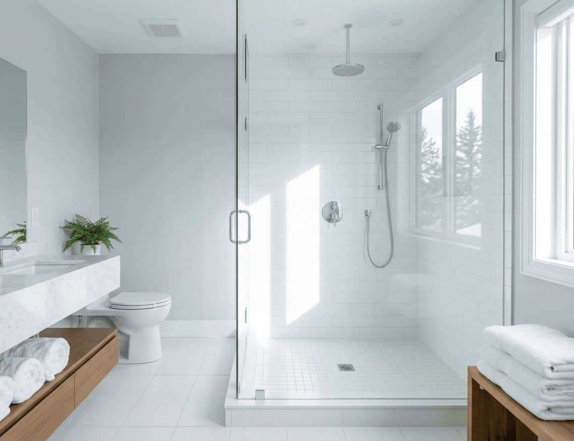 Professional bathroom deep clean result showing scrubbed tile grout and polished glass fixtures.