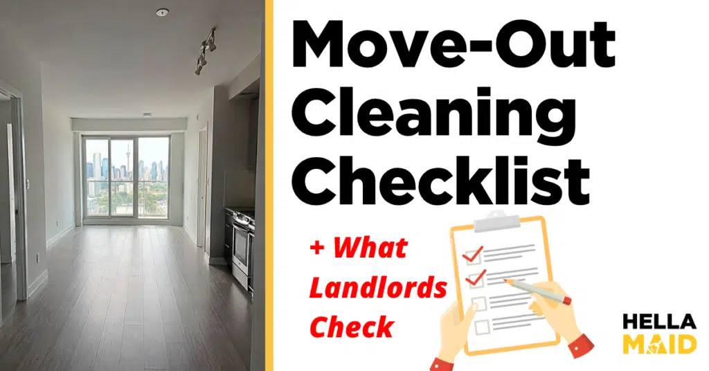 Move-out cleaning checklist thumbnail with empty Toronto condo showing CN Tower view, clipboard illustration, and Hellamaid branding