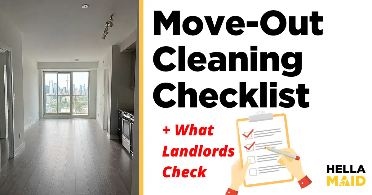 Move-out cleaning checklist thumbnail with empty Toronto condo showing CN Tower view, clipboard illustration, and Hellamaid branding