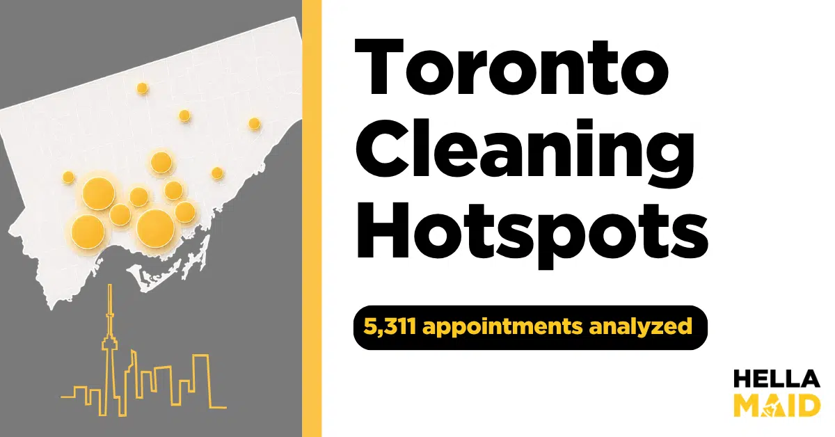 Toronto cleaning demand thumbnail showing a stylized Toronto map with yellow hotspot bubbles, a subtle skyline graphic, and Hellamaid branding, highlighting 5,311 analyzed appointments.