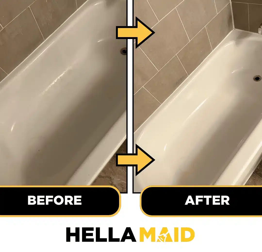 Dull bathtub surface before and brighter tub after professional cleaning