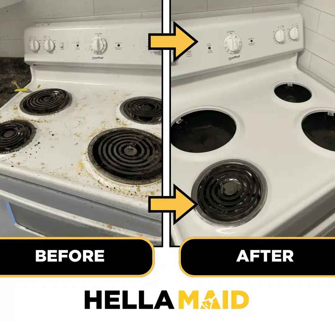 Greasy electric coil stove before and clean stovetop after degreasing