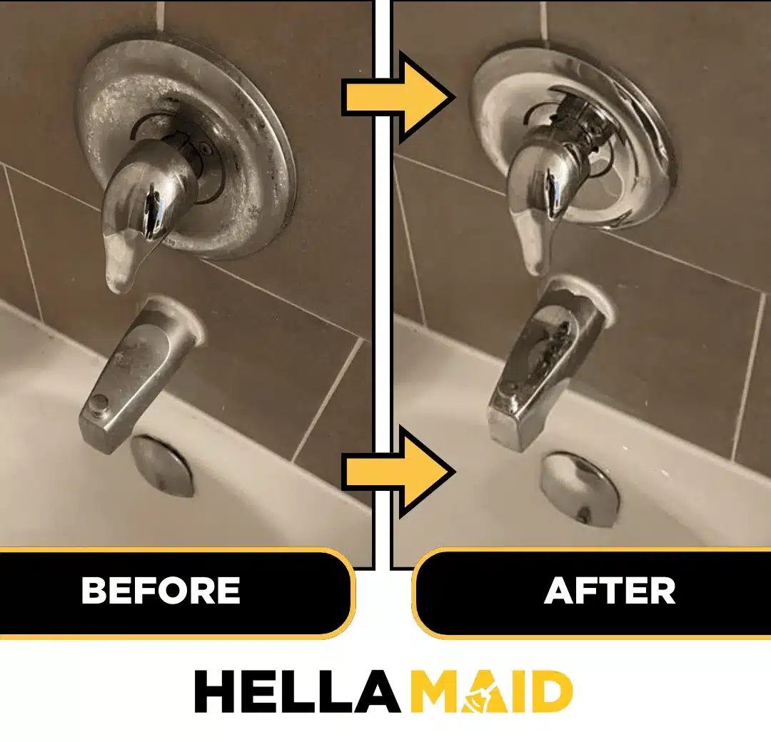 Mineral buildup on bathtub fixtures before and polished chrome fixtures after cleaning