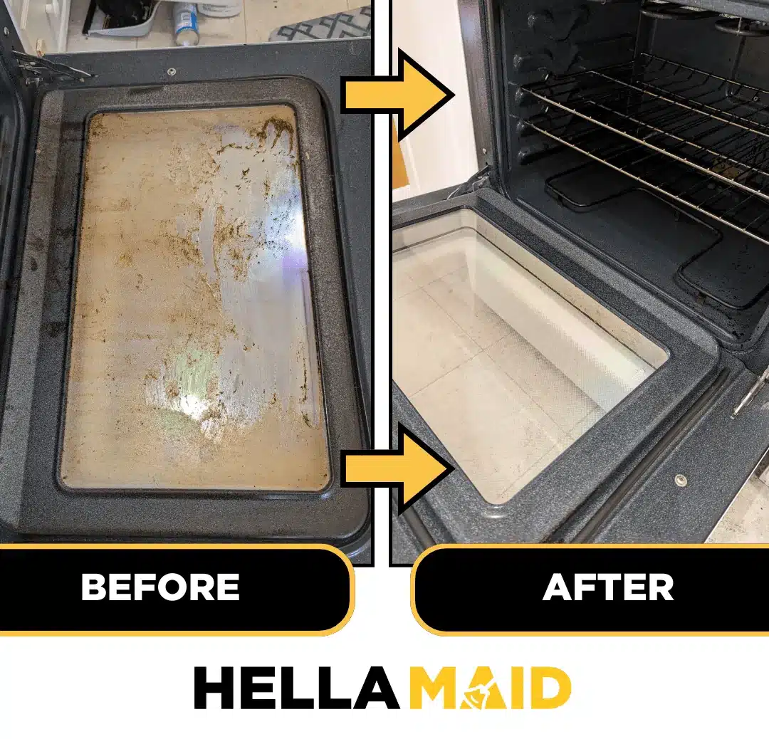 Greasy oven door before and clean oven interior after professional cleanin