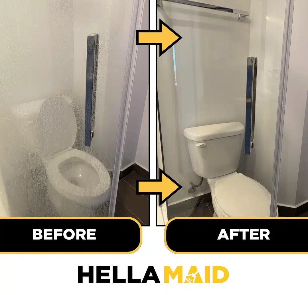 Cloudy shower glass before and clear glass after soap-scum removal