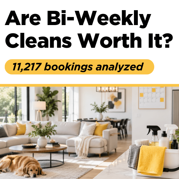 Bright living room with a golden retriever resting on the rug and a caddy of cleaning supplies on the kitchen counter, next to text reading "Is Bi-Weekly Cleans Worth It? 11,217 bookings analyzed.