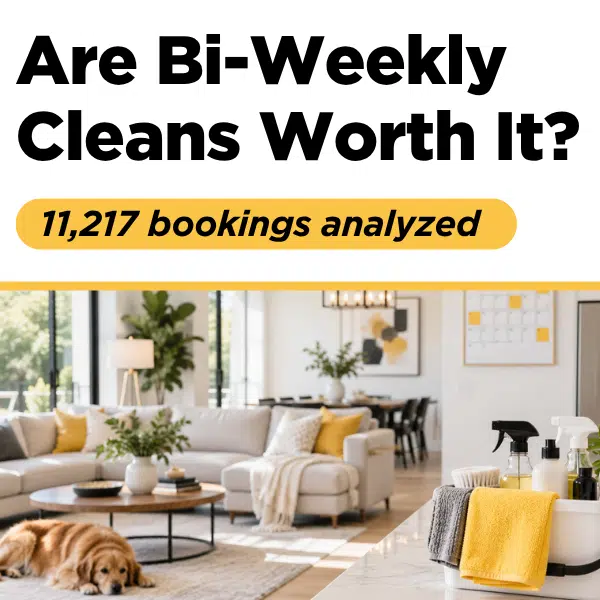 Bright living room with a golden retriever resting on the rug and a caddy of cleaning supplies on the kitchen counter, next to text reading "Is Bi-Weekly Cleans Worth It? 11,217 bookings analyzed.