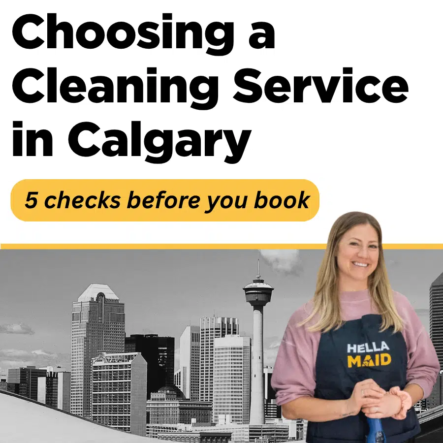 Hellamaid cleaner in front of the Calgary skyline, featured image for a guide to choosing a cleaning service in Calgary