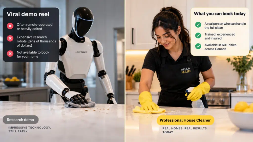 Comparison of a humanoid robot cleaning demo and a professional Hellamaid cleaner providing real home cleaning service