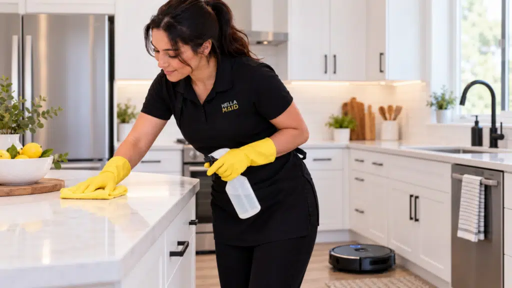 Professional Hellamaid cleaner wiping a kitchen countertop while a robot vacuum cleans the floor nearby