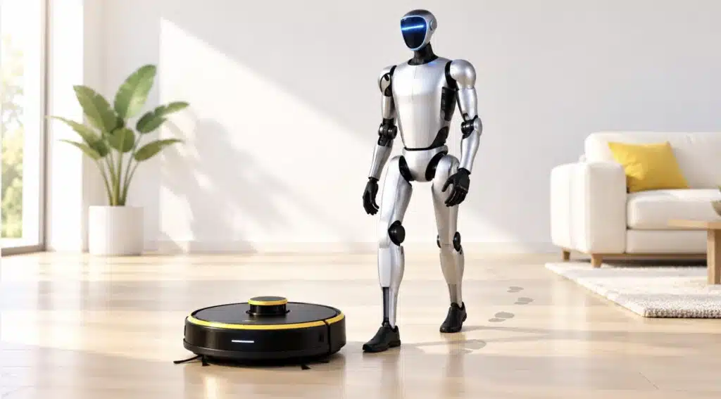Humanoid home robot standing beside a robot vacuum in a bright minimalist living room with soft yellow accents.